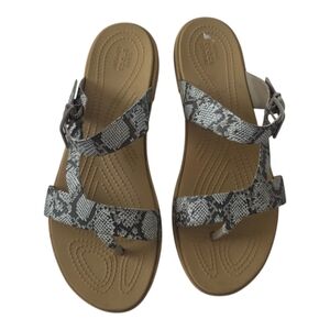 Crocs Tulum Toe Post Sandals Women’s Size 11 Black Tan Snake Print Buckle Thong